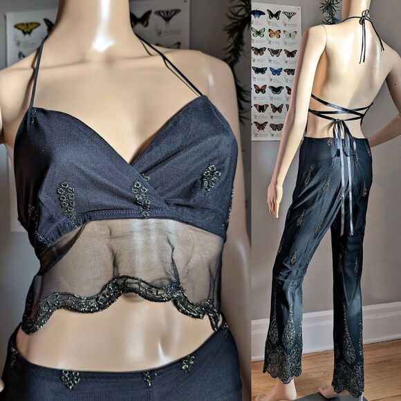 Vintage 90s y2k Kitty Halter Top 2 Piece Set Flare Pants Floral Gold Fairycore - Picture 2 of 16